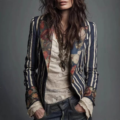 Bohemian Color-Block Striped Slim Fit Blazer for Women