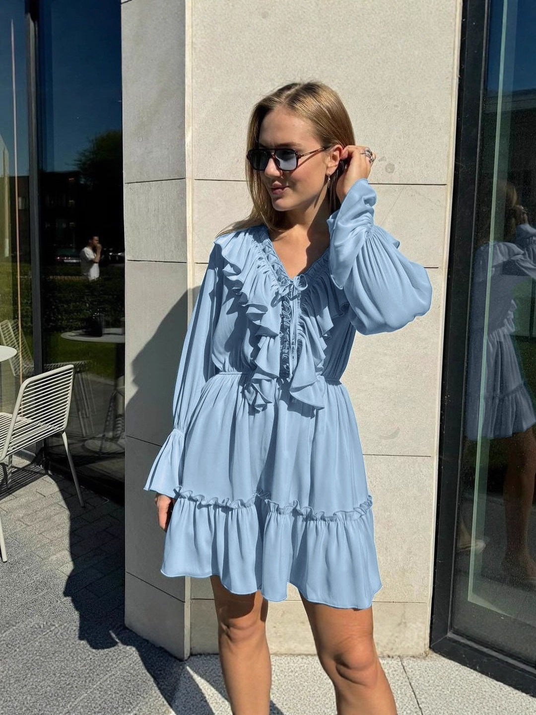 Womens V Neck Bell Sleeve Ruffled Dress