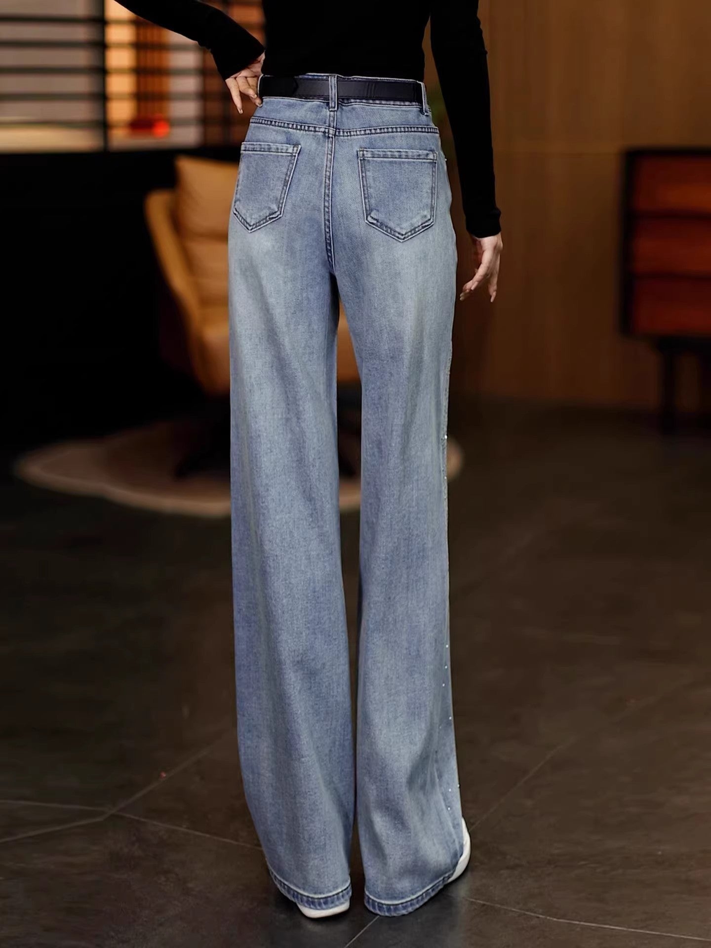 Rhinestone Wide Leg Denim Pants