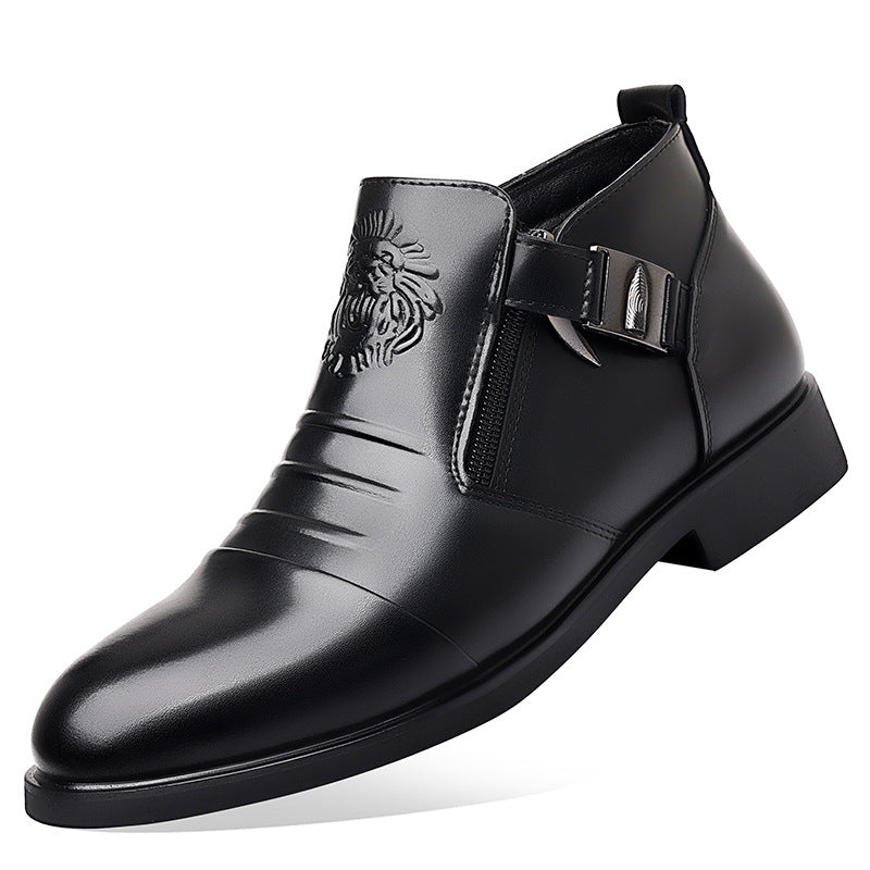 Mens Business Casual Leather Shoes with Lion Head Zipper
