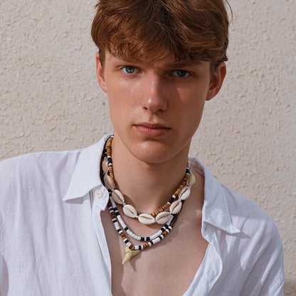 Men's Shell and Shark Tooth Multi-Layer Necklace