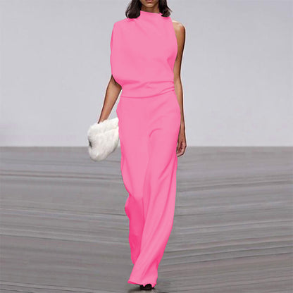 Womens Solid Color One Shoulder Ruched Collar Jumpsuit