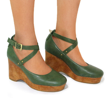 Womens Buckle Strap Wedge Heel Sandals