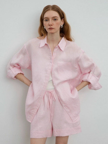 Womens Linen Casual Oversized Shirt Shorts Set