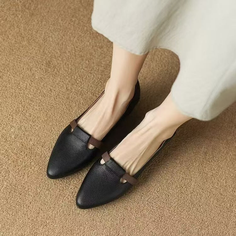 Women Soft Leather Pointed Toe Low Heel Mary Jane Shoes