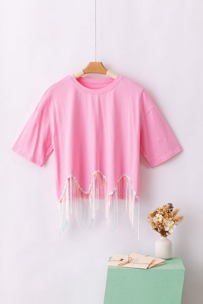Cropped T-shirt met franjes pailletten en korte mouwen