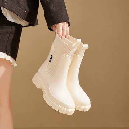 Women's Mid-Calf Waterproof PVC Non-Slip Rain Boots with Elastic Top