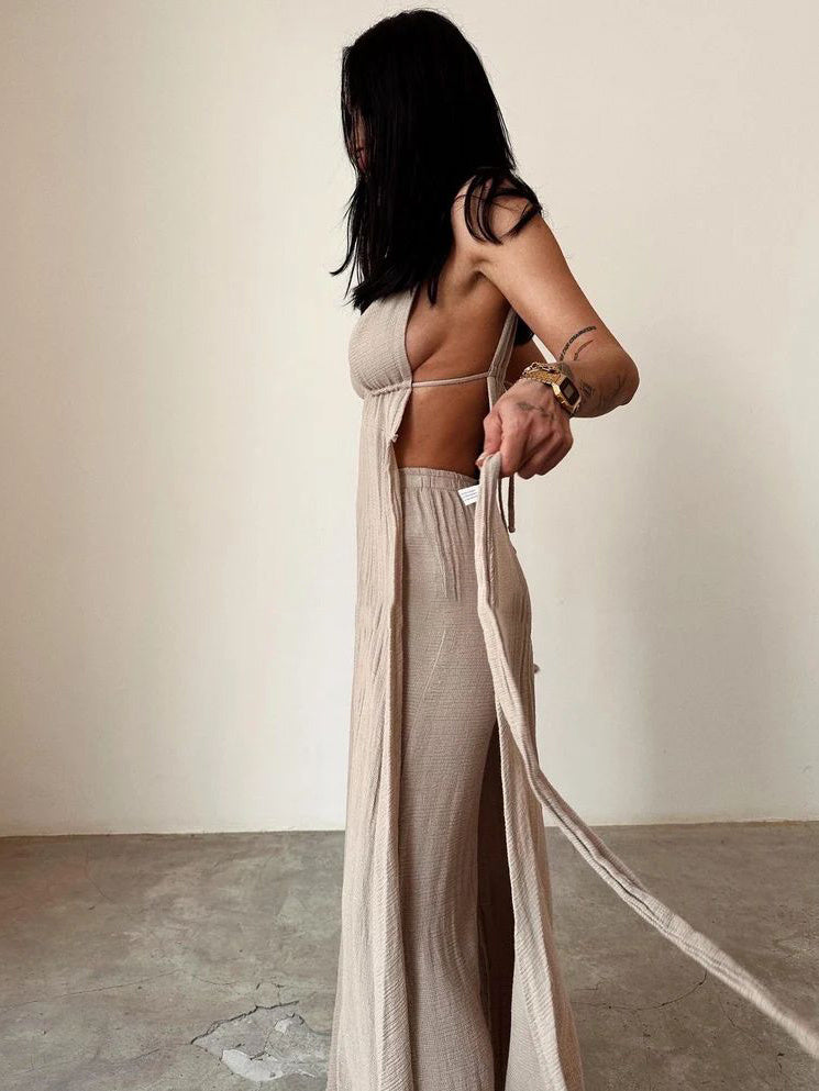 Linnen wikkeljurk met open rug split en cardigan in boheemse stijl 2-delige set