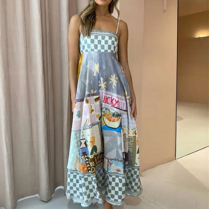 2026 Summer New Style Cross-Border European and American Resort-Style Dress, Elegant Long Printed Strap Dress