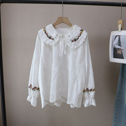 Embroidered Doll Collar Long Sleeve Blouse