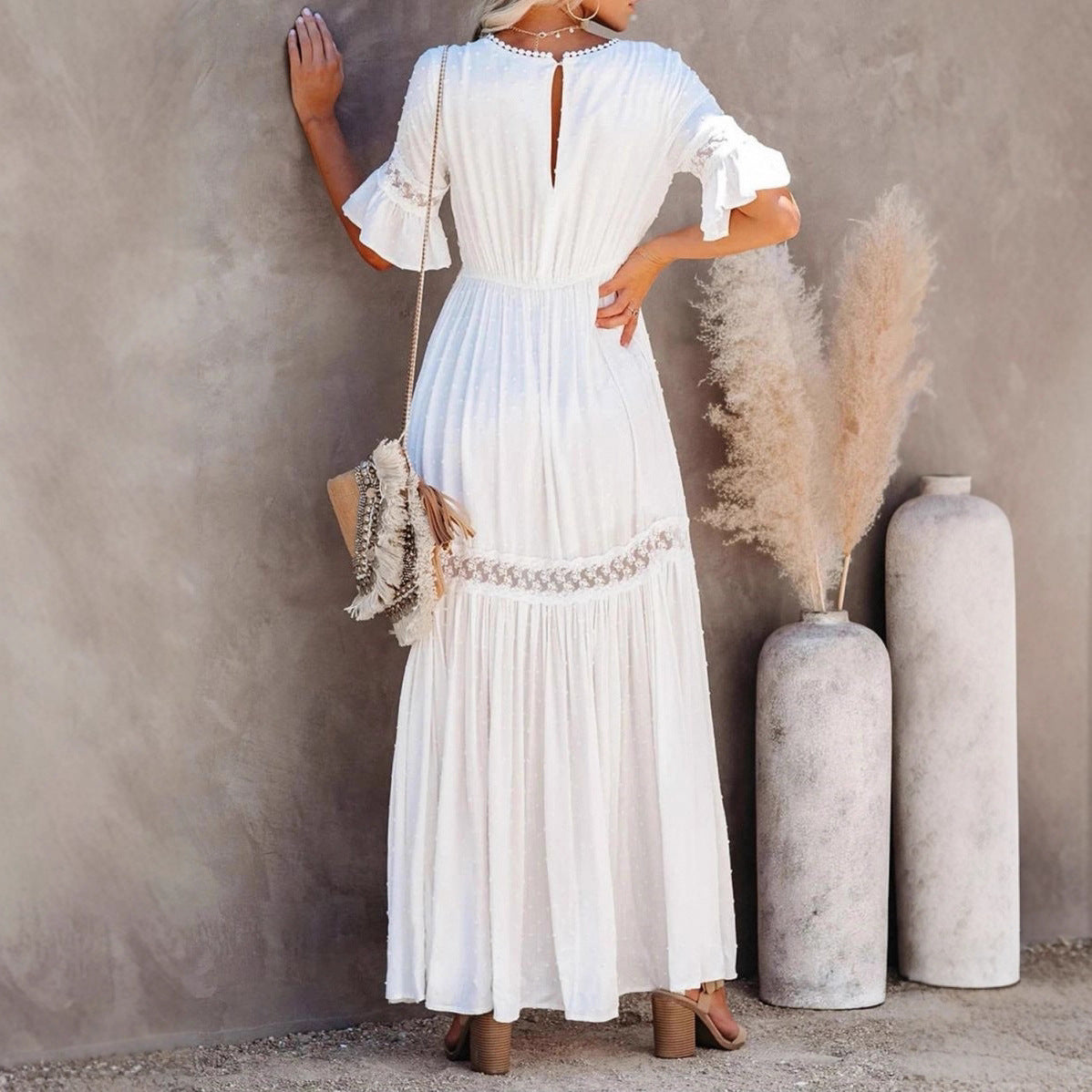 Womens Solid Color Lace Trim V-Neck Long Dress