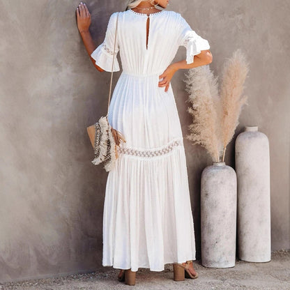 Womens Solid Color Lace Trim V-Neck Long Dress
