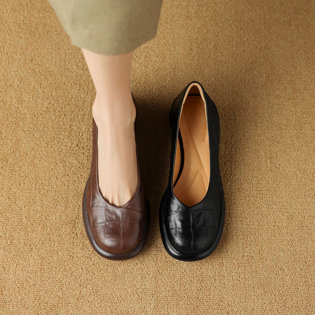Womens Genuine Leather Round Toe Thick Heel Loafers Comfortable Retro Flats