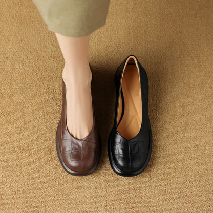 Womens Genuine Leather Round Toe Thick Heel Loafers Comfortable Retro Flats