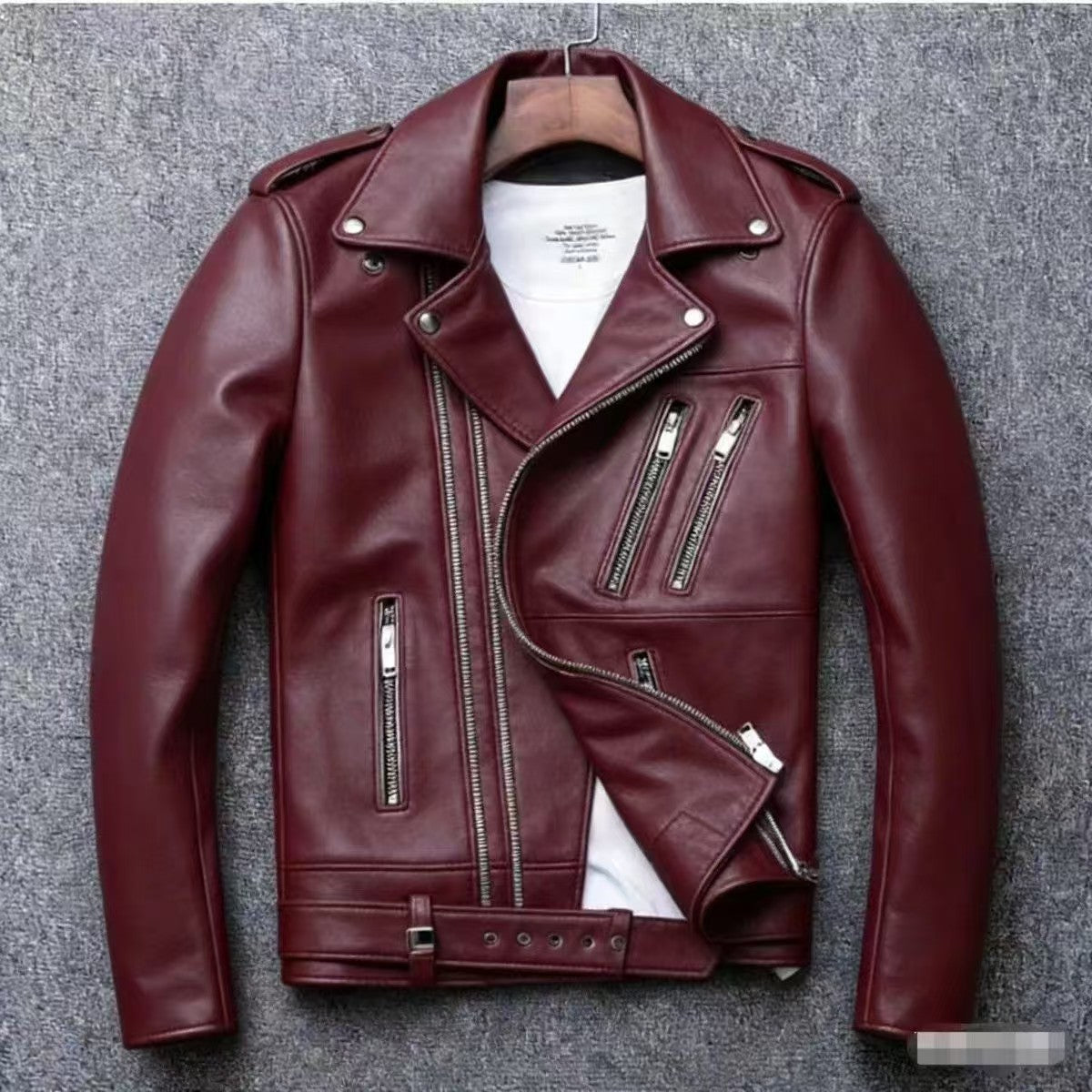 Men's leather jacket with water-washed finish, motorcycle-style men's leather jacket