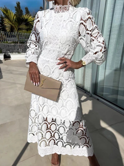 Lace Collar Puff Sleeve Slimming Long Dress