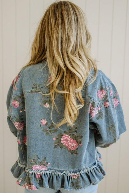 Denimjas met bloemenprint en ruches aan de zoom