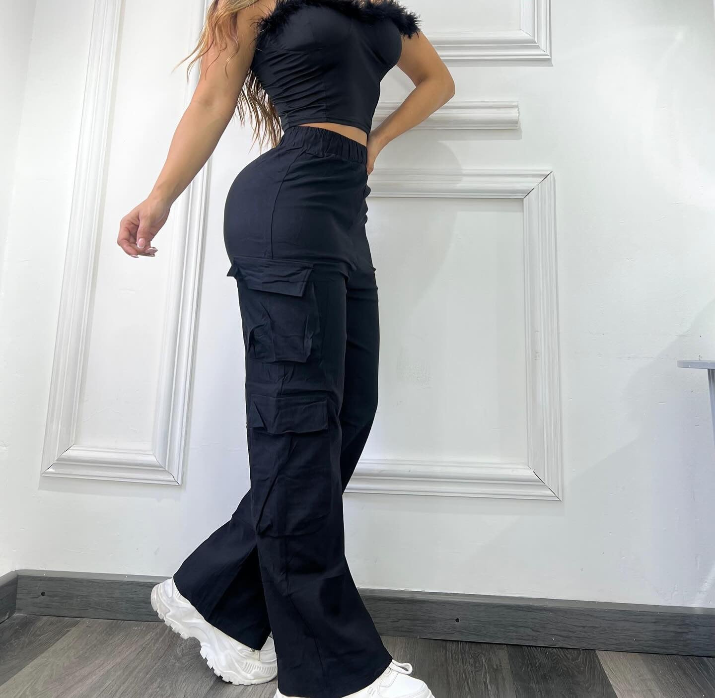 Women High-Waisted Wide-Leg Cargo Pants Multi-Pocket Casual Pants