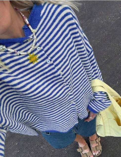 Women's Striped Knit Button-Front Long Sleeve Cardigan