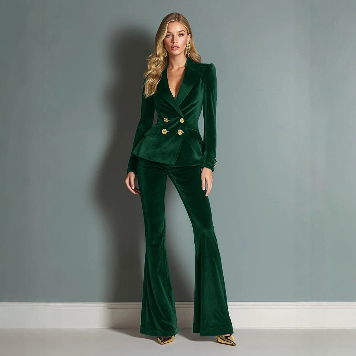 Velvet Lapel Blazer and Bell-Bottom Pants Set