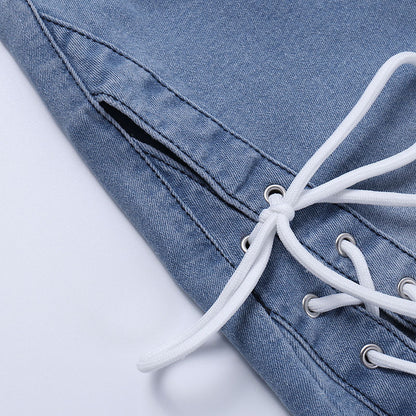 Uitgesneden statement strapping straight leg flared jeans