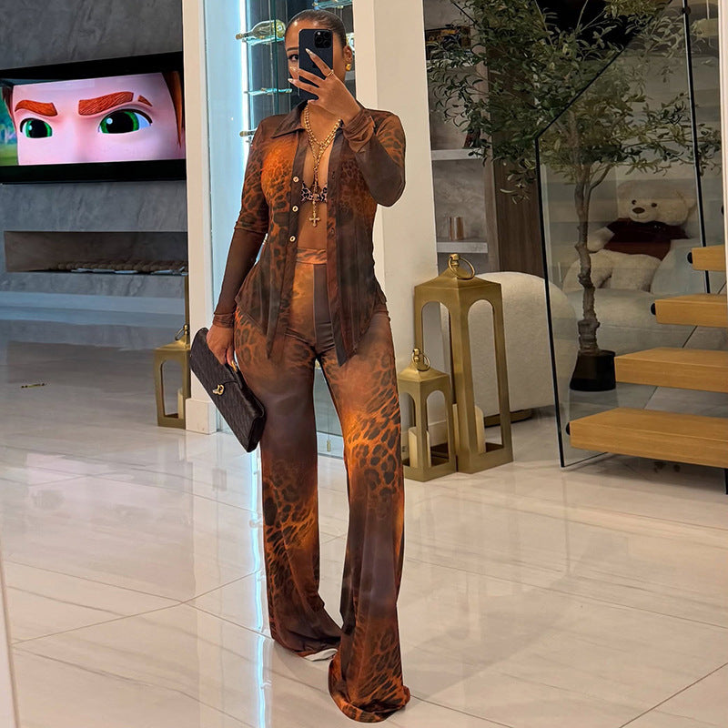 Womens Printed Mesh Cardigan Flared Pants Set