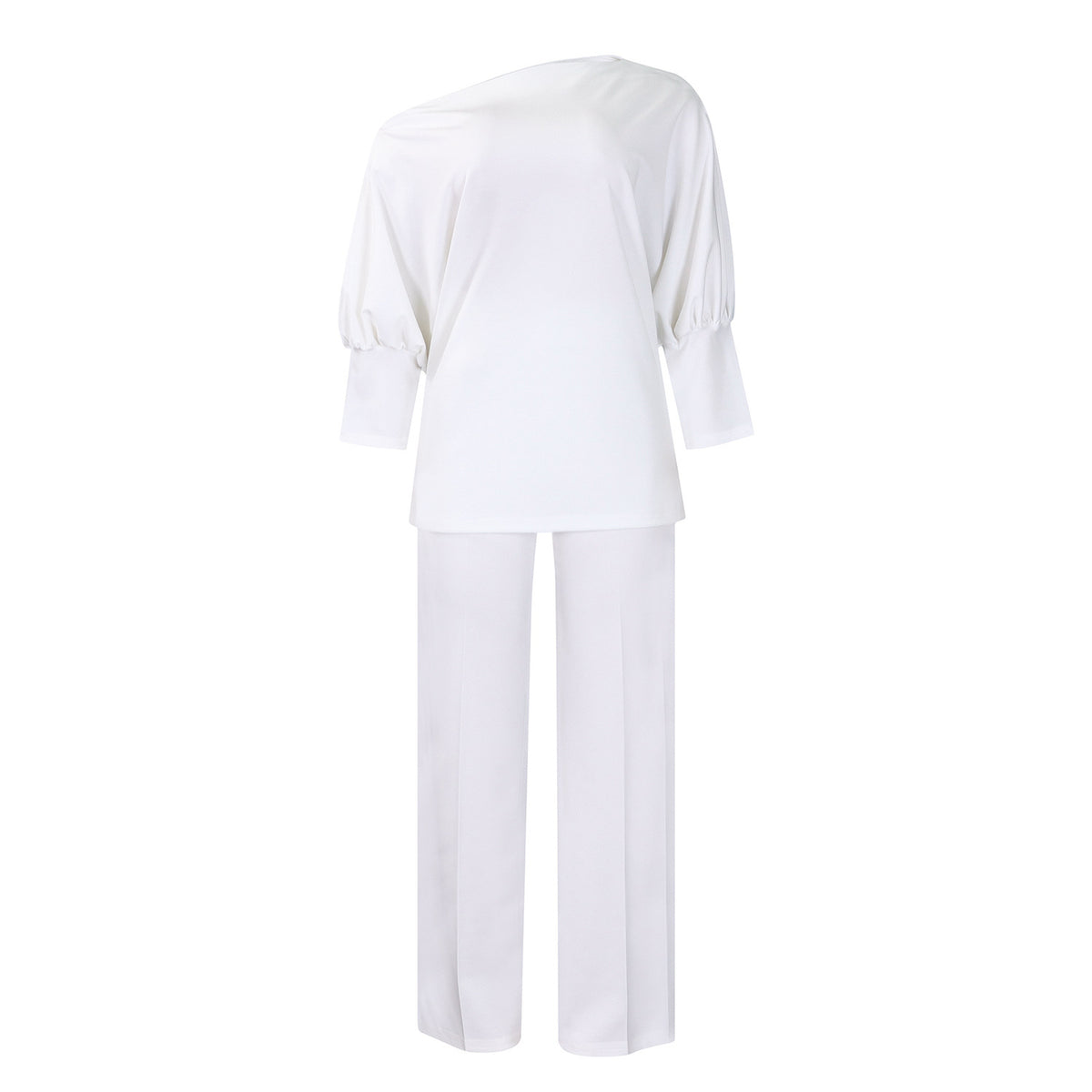Women Pure Color Slope Collar Top Wide Leg Pants Suit