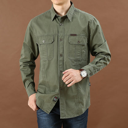 Men's Plus Size Solid Color Long Sleeve Work Shirt Loose Fit Casual Button-Down Shirt with Pocket