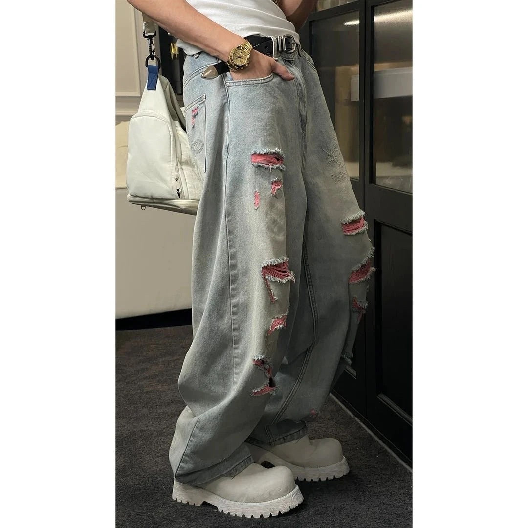 Dragon Embroidered Loose Straight Leg Jeans