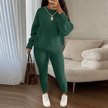 Womens Casual Knitwear Suit Long Sleeve Two Piece Pants Set