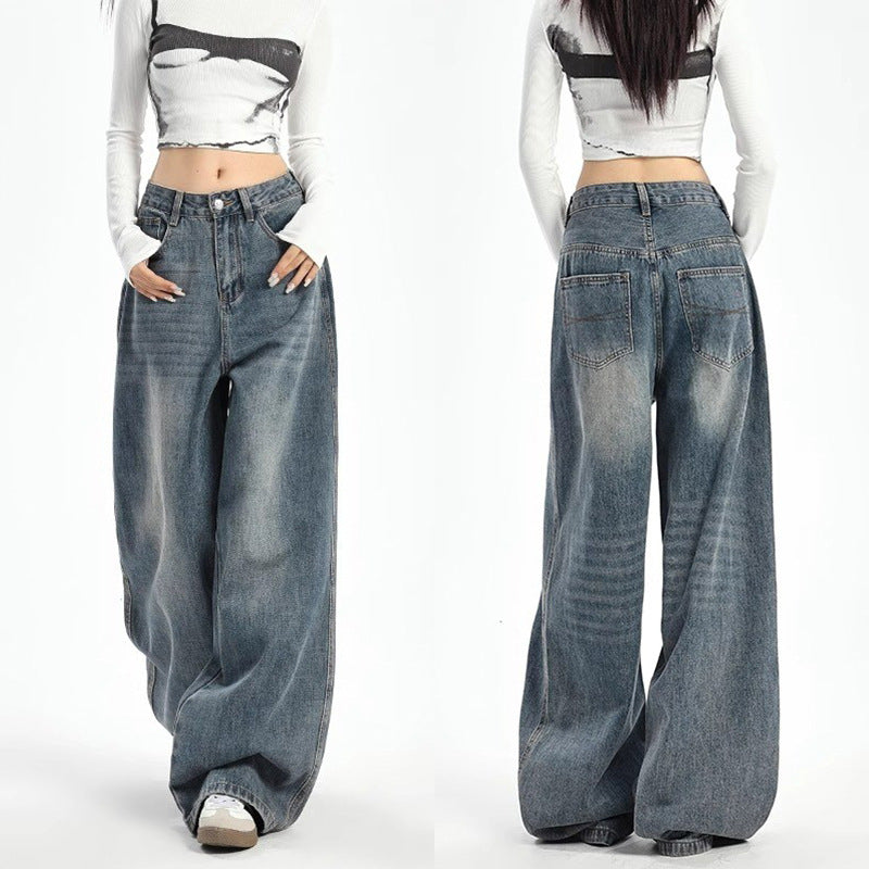 Women's Plus Size High-Waist Wide-Leg Vintage Blue Denim Jeans