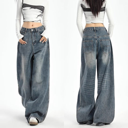 Women's Plus Size High-Waist Wide-Leg Vintage Blue Denim Jeans
