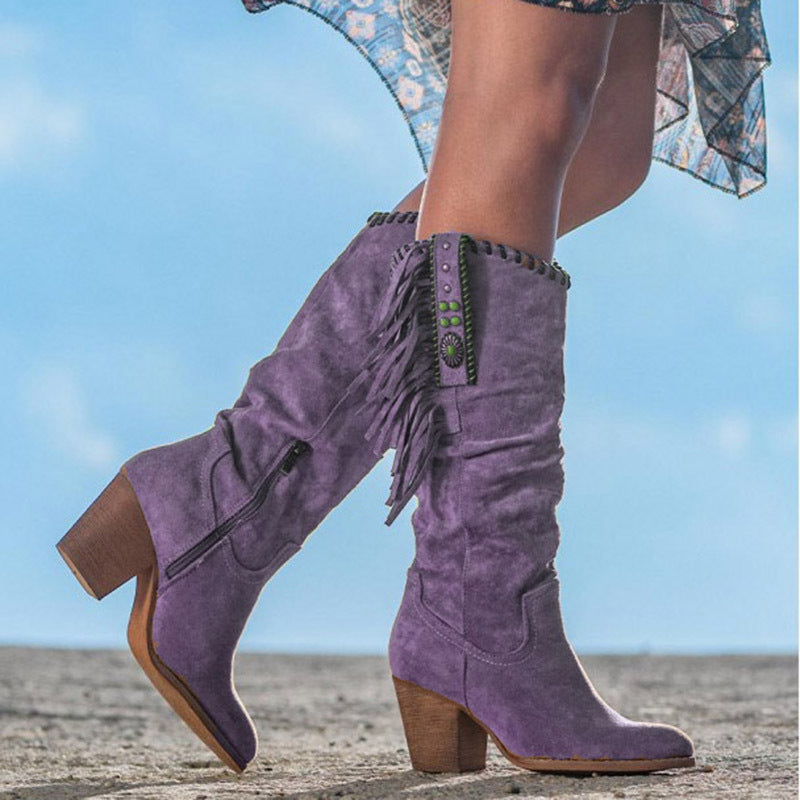 Women's Suede High-Tube Tassel Chunky High-Heeled Boots