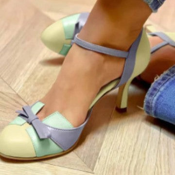 Women's High-Heeled Color-Block Sandals with Bow Strap