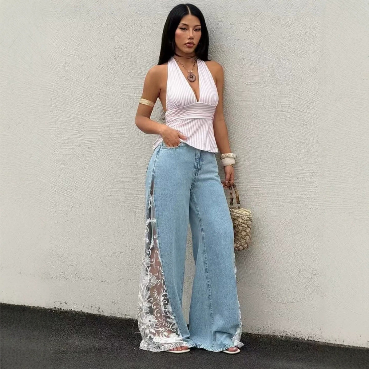 Fashion High Waist Loose Dumped Denim Trousers