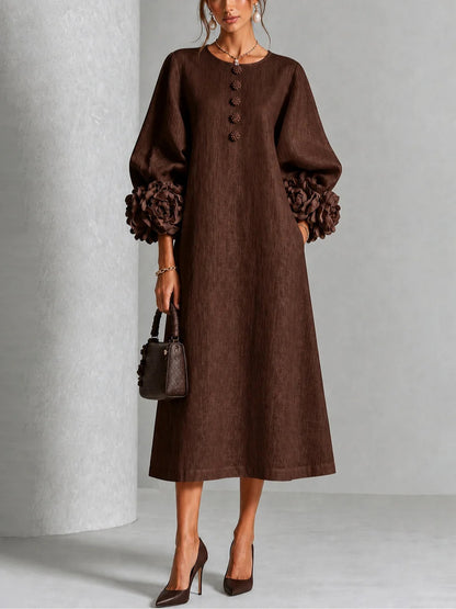Elegant Floral Sleeve Cotton Linen Dress