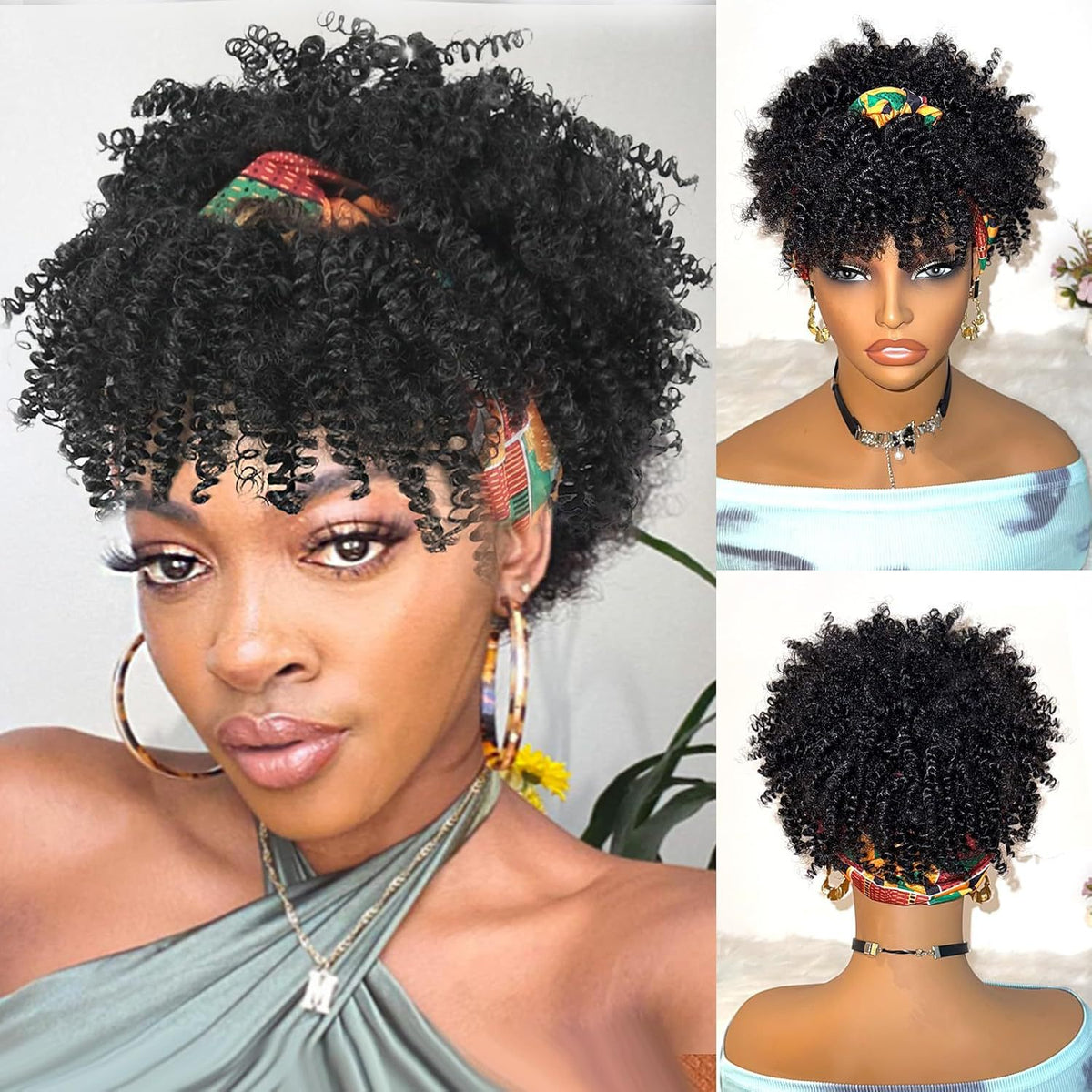Women's Curly Headband Wig with Bangs