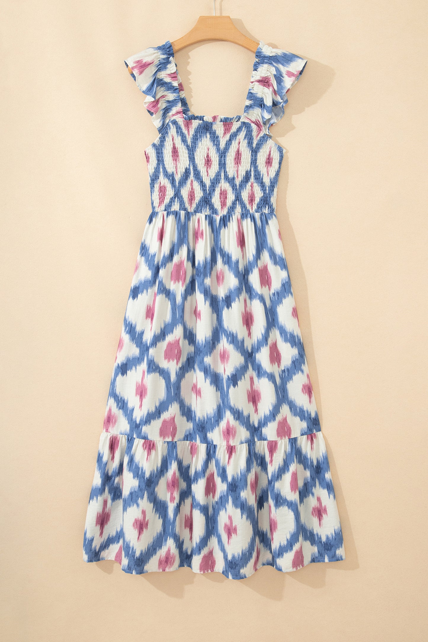 Maxi-jurk met etnische geometrische print vierkante hals hoge taille en ruches