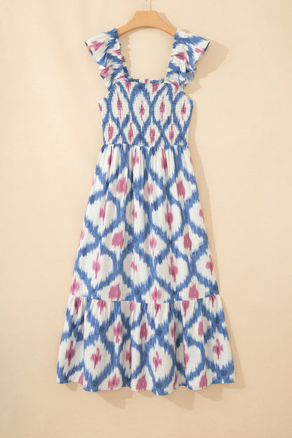 Maxi-jurk met etnische geometrische print vierkante hals hoge taille en ruches