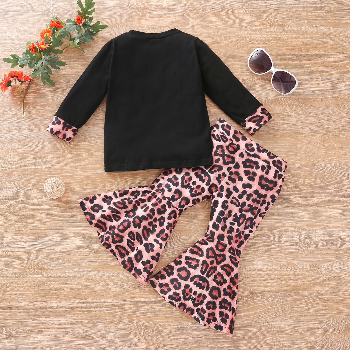 Meisjes Stiksels Lange mouwen T-shirt Luipaardprint Uitlopende Broek Set