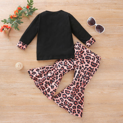Meisjes Stiksels Lange mouwen T-shirt Luipaardprint Uitlopende Broek Set