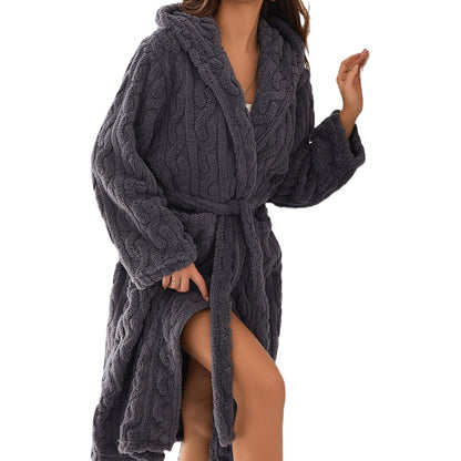 Warm Jacquard Cotton Velvet Couple Hooded Twist Nightgown Set