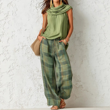 Sleeveless top with plaid pants