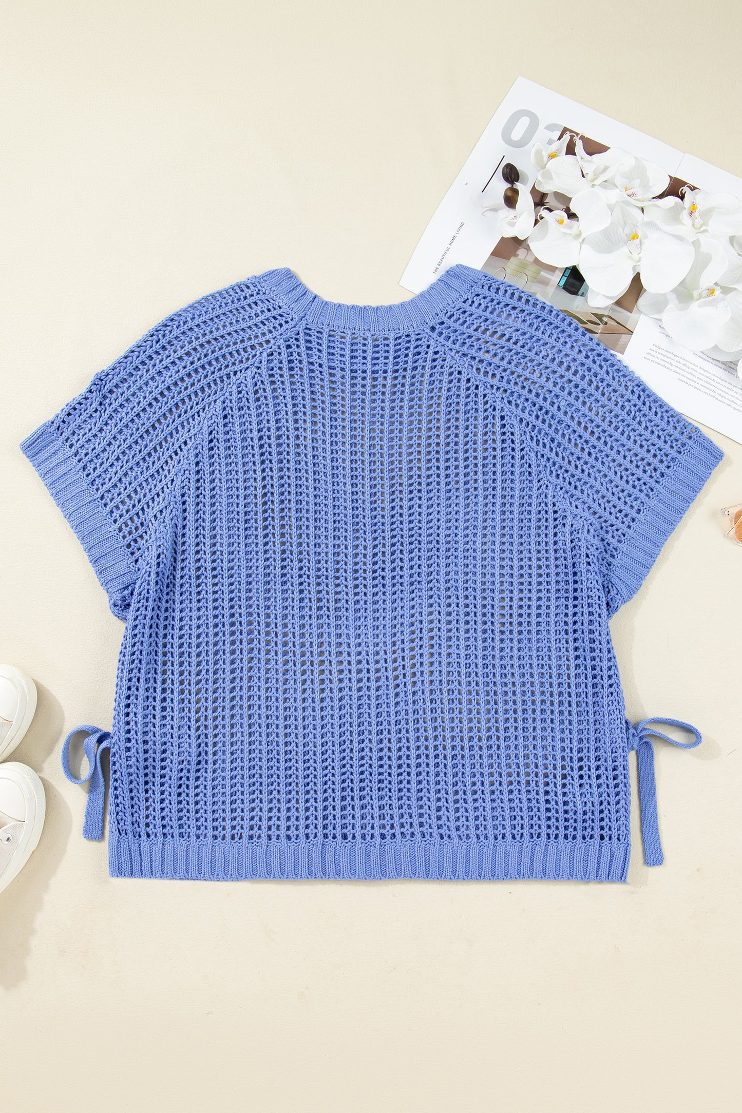 Plus size open gebreide trui met strik en korte mouwen