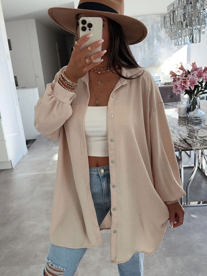 Womens Solid Color Casual Button Shirt