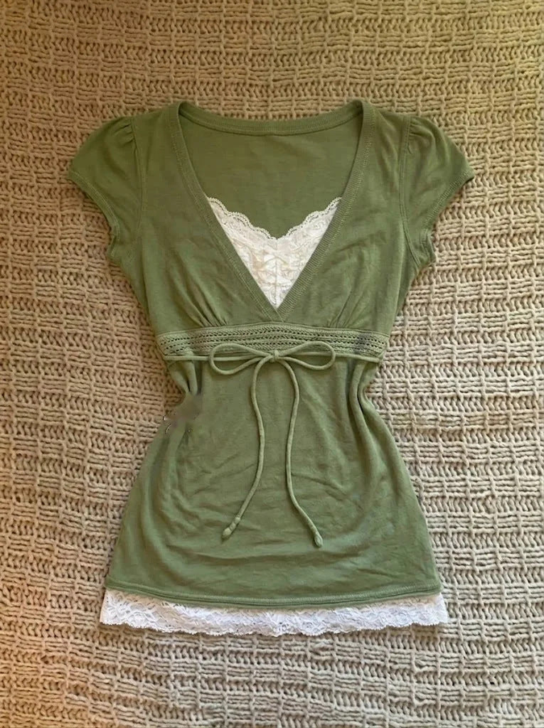 French Retro Lace Spliced Tie-Up Top
