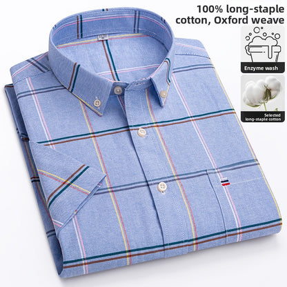 Men's 100% Cotton Plaid Short Sleeve Shirt Oxford Casual Square Collar
