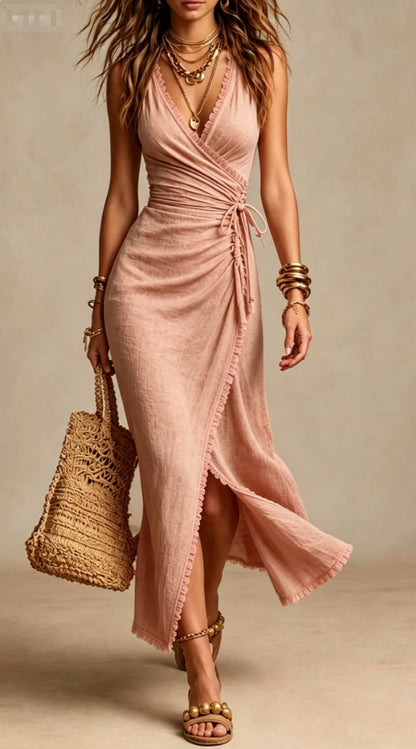 Textured V-Neck Wrap Dress with Tie
