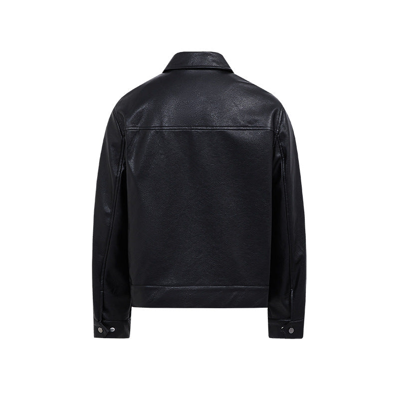 Mens PU Leather Casual Coat Turn-down Collar Outerwear