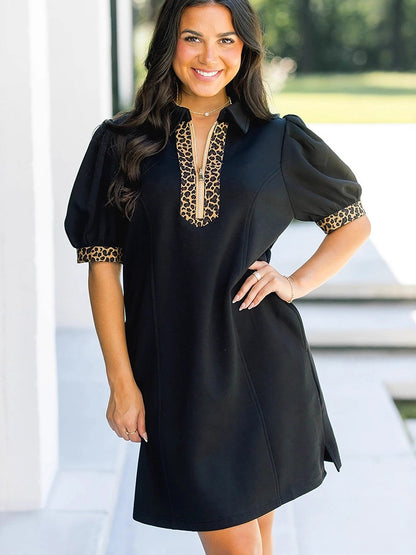 Summer Pullover Notched Collar Dress Women Casual Leopard Trim Short Dress